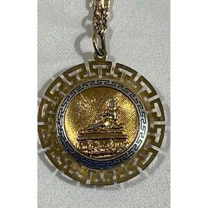 Vintage Gold Tone Greek Key Medallion Necklace Reclining Figure Pendant 16in